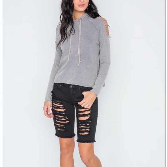 Grey Stonewash Laser Cut Shoulders Sweater - Picture 2 of 3